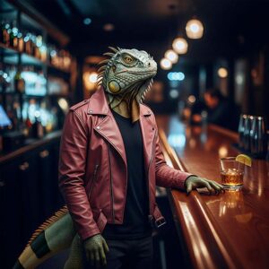 Roker / cyberpunk styl leguan jako barman