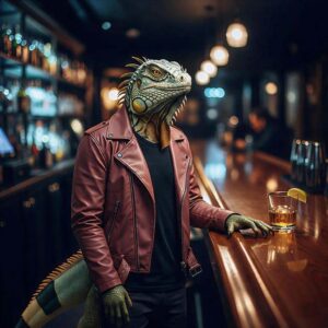 Roker / cyberpunk styl leguan jako barman