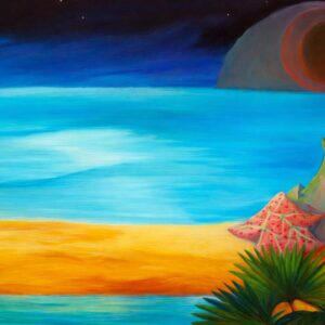 Cizí noční planeta s oceánem a pláží