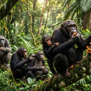 SKUPINA ŠIMPANZŮ PŘI KRMENÍ